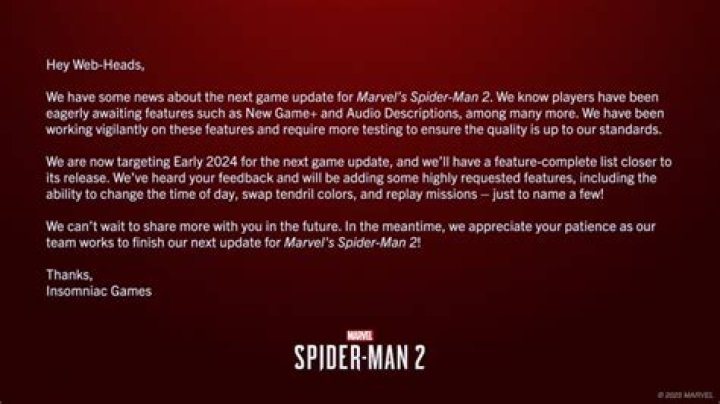 Spider-Man 2's Next Update Coming 'Early 2024,' Insomniac Says