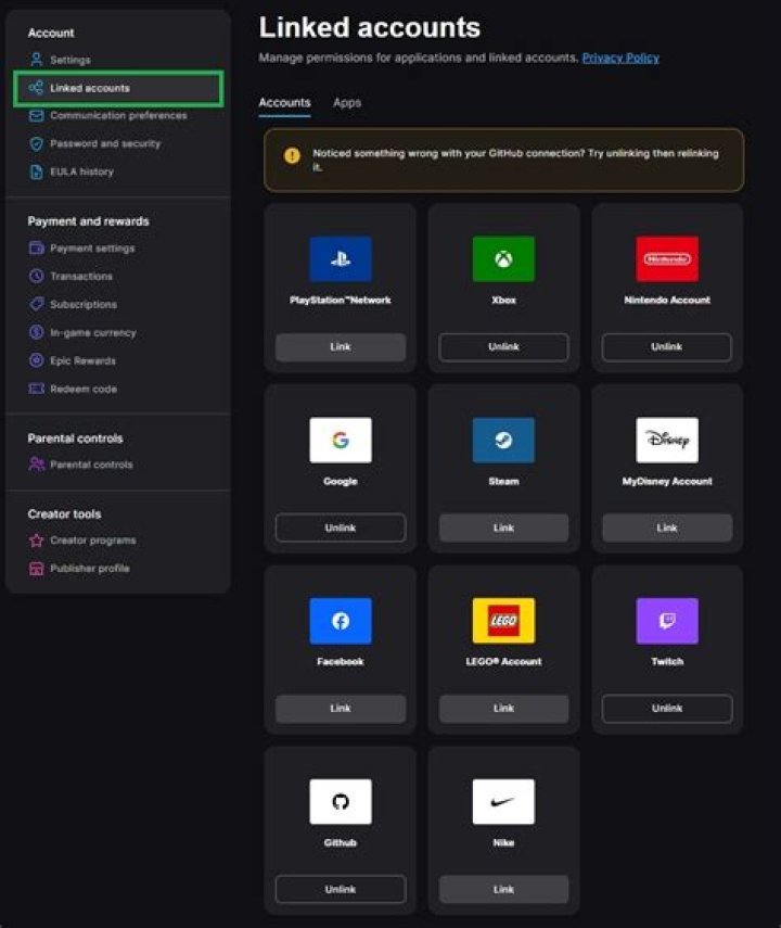 Can I unlink my Epic Games account and link it to another account?