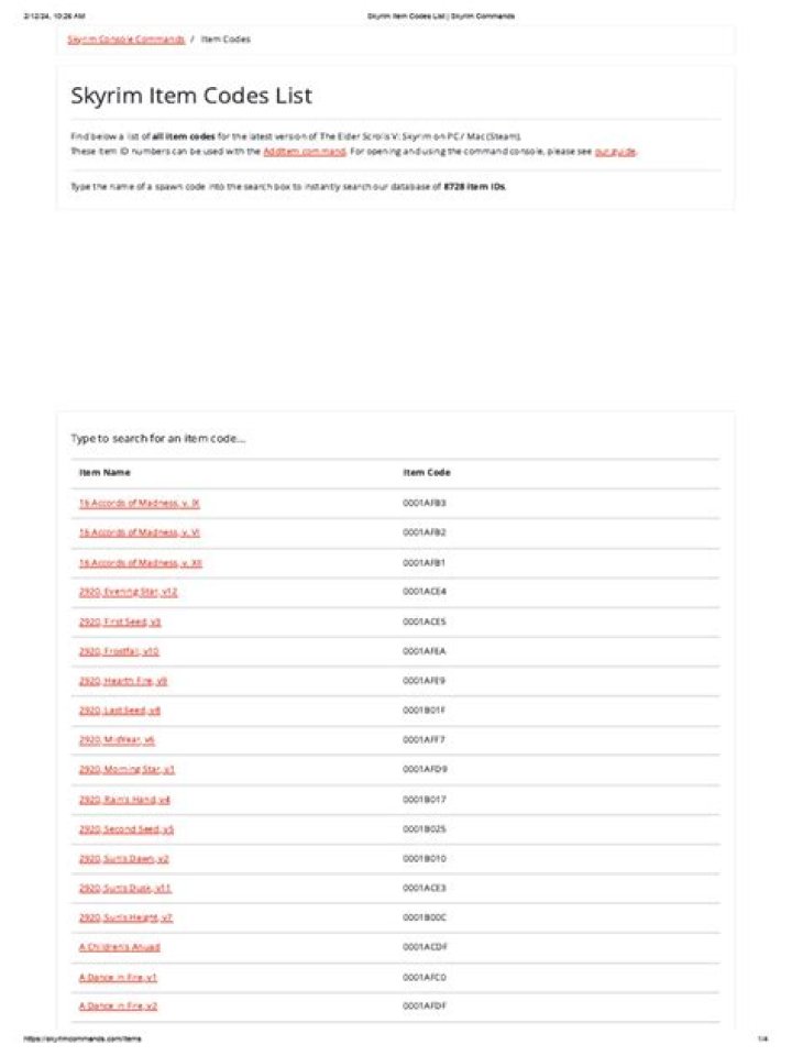 Skyrim Item Codes List