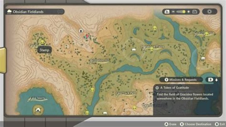 Where is the field of Gracidea flowers in Obsidian Fieldlands — Pokémon Legends: Arceus