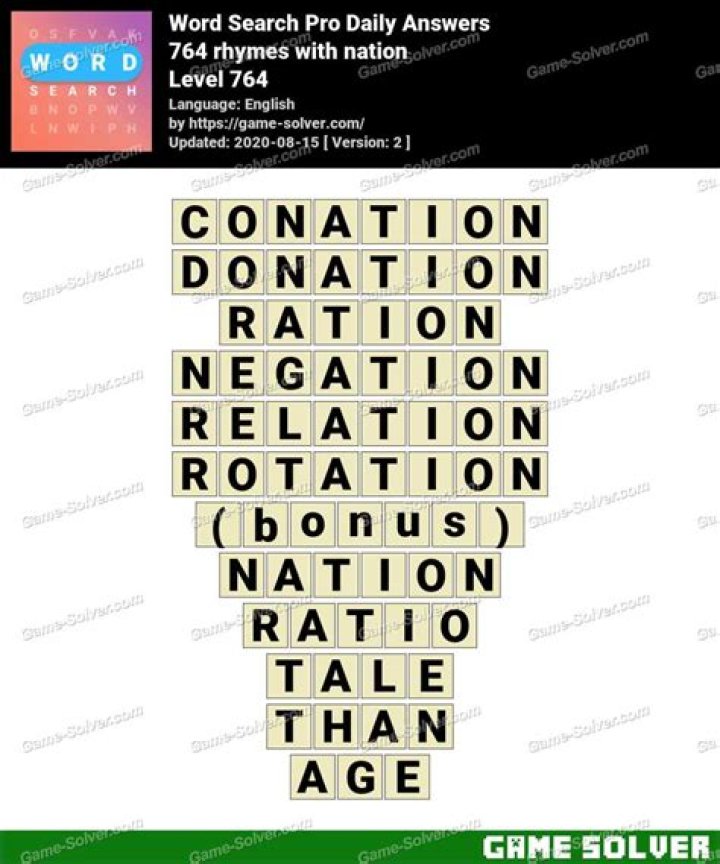 Word Search Pro 764 rhymes with nation Answers • Game Solver